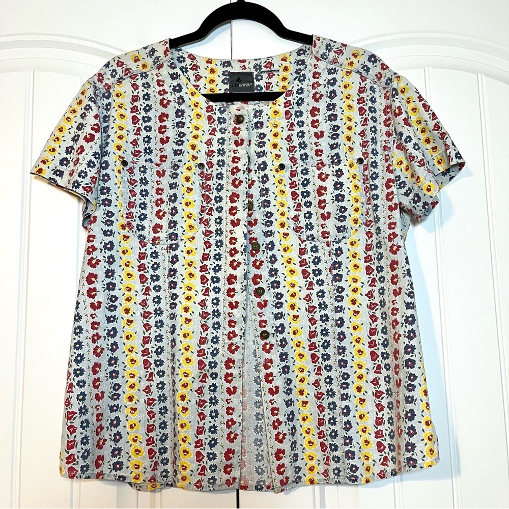 Vintage 90s Floral Boho Button Down Short Sleeve Shirt Size Large